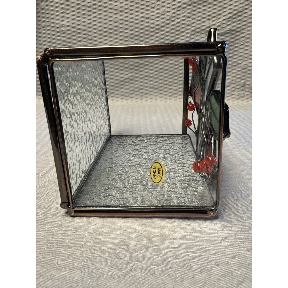 Stained Rectangle Glass and‎ Metal Cardinal Candle Holder Holly Berry Red Bird